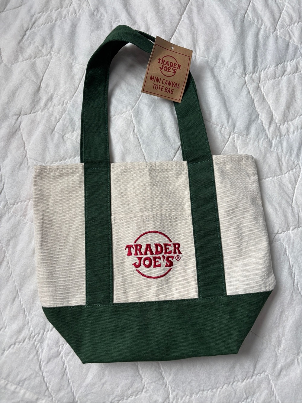 Trader Joe's Cream and Forest Green Mini Canvas Tote
